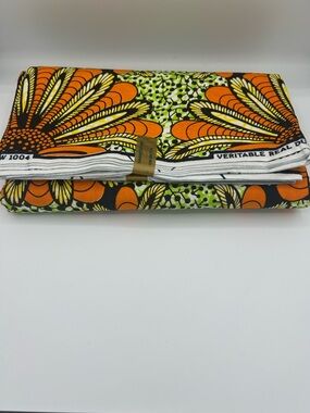 Beautiful Hollandais Wax African Print Fabric Fold - Orange, Yellow, Green 6yds.